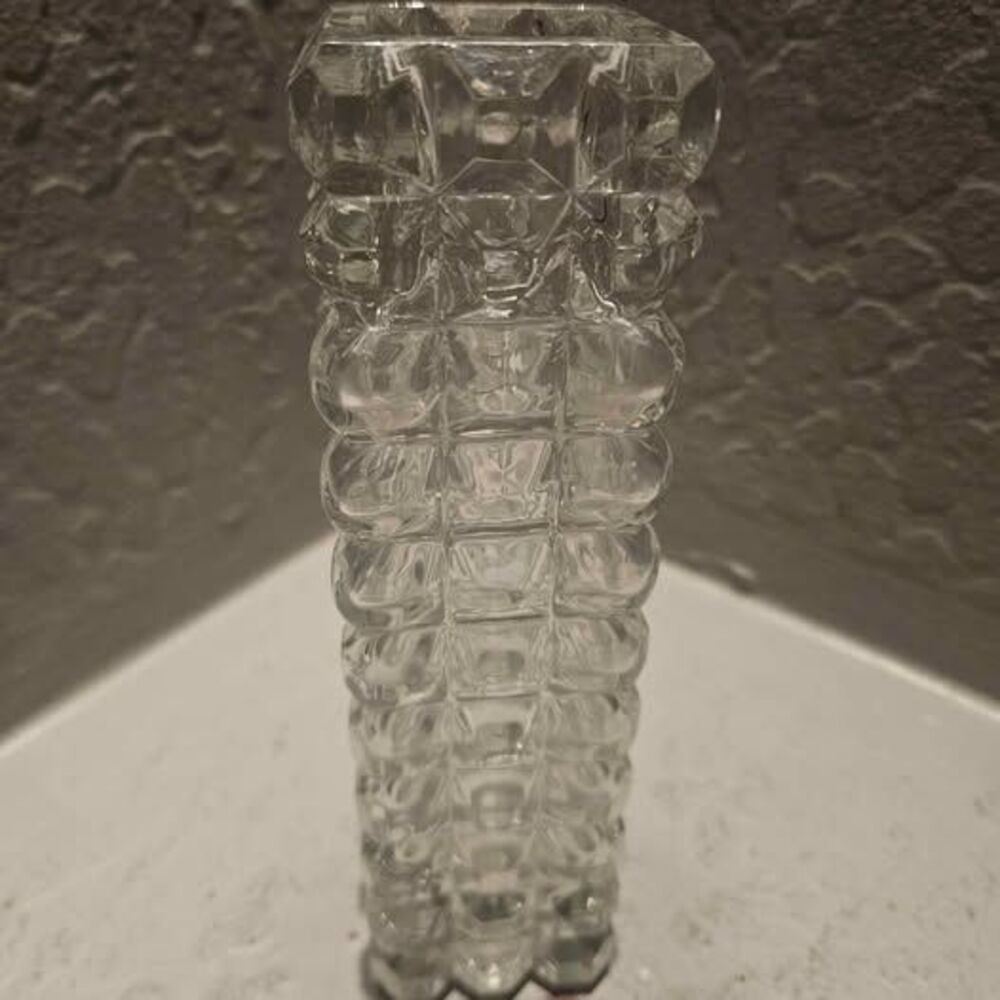 Vintage Lead Crystal Square Cylinder Vase w/Cubist Cut Design 7.25” Tall